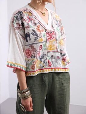 Zara Embroidered V-Neck Cotton Top - Multicolor Medium